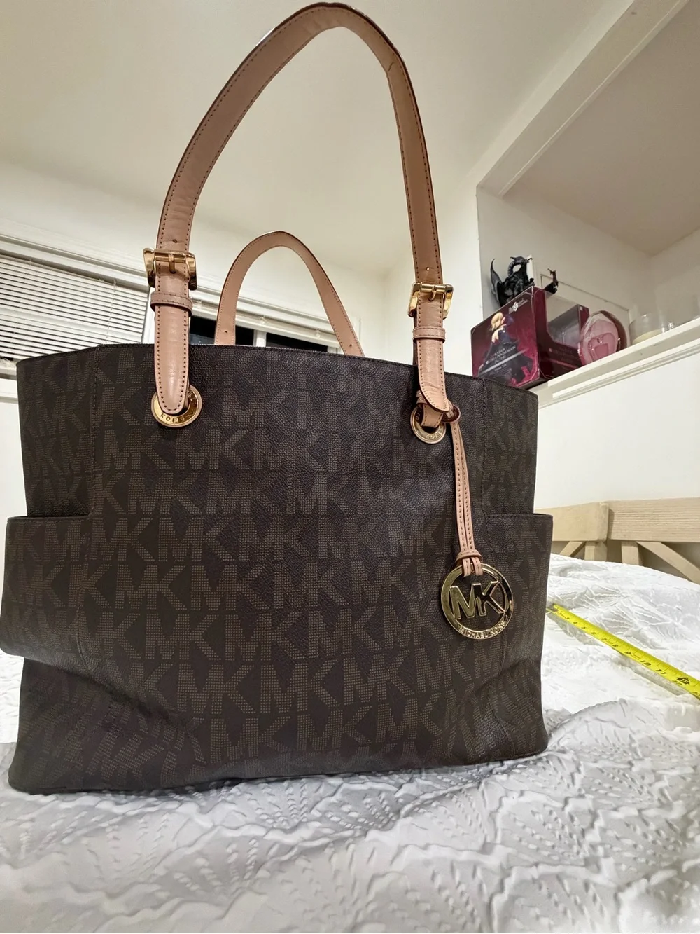 Michael Kors Brown Monogram Tote with Blush Straps